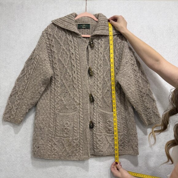 Made in Ireland Hooded Cardigan Sweater Womens Large Oatmeal Aran Cable Knit - Picture 8 of 15